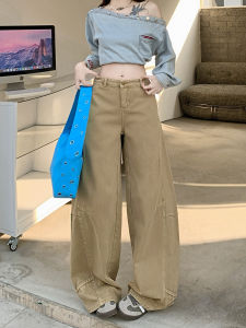 Khaki Wide Leg Straight Cut Jeans Loose Drape Splicing American Retro Style High Waist Zipper Closure Casual High Waist Jeans