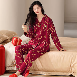 Red Cotton Sleepwear Long Sleeve Wedding New Couple Set Large Size Lucky Year Home Clothes Sweet Princess Style Womens Pyjamas