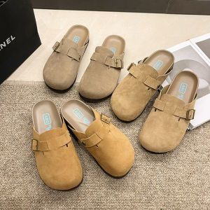 รองเท้าแตะลำลองสตรีสไตล์เรโทร รองเท้าแตะส้นหนา PU สีทึบ (ขนาด: 36-42) รองเท้าแตะสวมหัวแฟชั่น