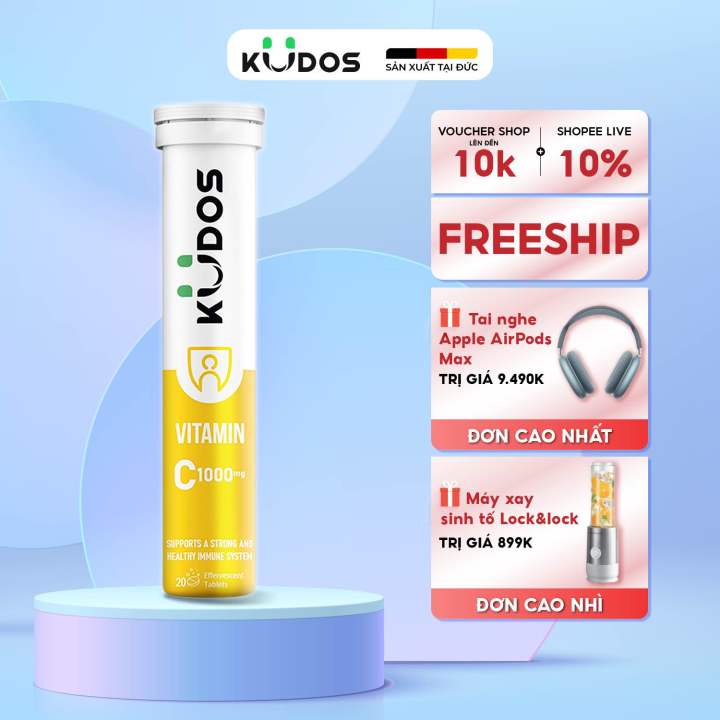 Viên sủi KUDOS VITAMIN C 1000mg nâng cao sức đề kháng hương chanh (20 viên/tuýp)