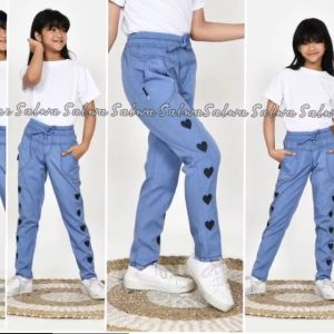 Celana Jeans Anak Bordir Love Semi Jeans Usia 5 Tahun Sampai 12 Tahun