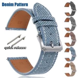 Vintage Denim Pattern Watch Band 18mm 19mm 20mm 21mm 22mm Quick Release Cowhide Strap Universal Canvas Sport Men Wrist Bracelet