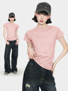 QIAOJIAOYA | Áo Thun Tay Ngắn Slim Fit Cotton Màu Hồng