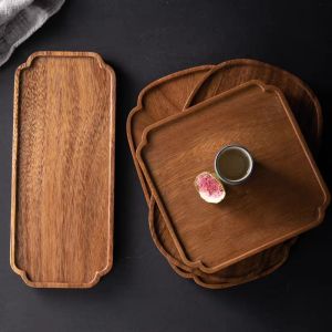 Walnut Wood Cup Mat Tea Tray Rectangular Solid Wood Tray Creative Fruit Dessert Plate Dish Rectangular Pot Support Dry Soak Tray