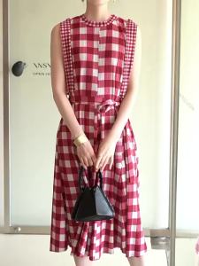 3657 One Size (45-75kg) Summer Miyake Pleated Plaid Pastoral Fresh Tie Waist Slim Dress