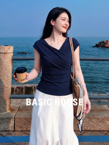 Basic House | Navy Blue Cross V-Neck Short Flare Sleeve T-Shirt