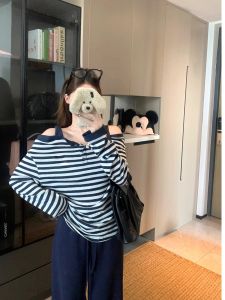 Áo Thun Tay Dài Một Bên Vai Thời Trang Mùa Thu Phong Cách Hàn Quốc Cho Nữ Áo Thun Sọc Hai Mảnh Giả Cổ Chữ V Dáng Rộng Dài Thường