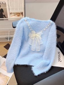 French Sweet Mink Fur Soft Glutinous Sweater Female Fall and Winter 2023 New Arrival Short Inner Wear Bows Younger Knitwear