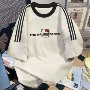 New 2024 Pure Cotton round Neck Short Sleeve Womens T-shirt Loose Fit Cartoon Cat Couple Top Casual Summer Fashion