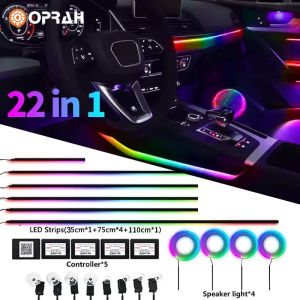 ✅แถบไฟแบบล้อมรอบรถยนต์สีเต็ม22 In 1สี RGB 64สี LED สากลภายในแถบอะคริลิคที่ซ่อนอยู่โคมไฟสร้างบรรยากาศซิมโฟนี