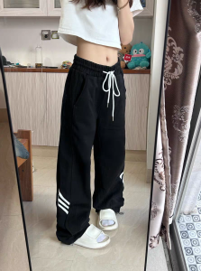 Black Striped Sports Pants Womens Casual Wide Leg High Waist Comfortable Loose Fit Autumn Trendy Street Style Commute Fashion