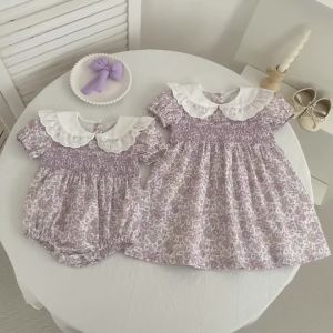 2026 Summer New 2-6Yrs Baby Dress Girl Purple Princess Puff Sleeve Korean Style Peter Pan Collar Kid Cotton Cute Party Dress