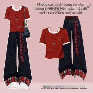 NUMEN BUTTON | Bộ Quần Áo Phong Cách Học Đường Dành Cho Người Mập Short Sleeve T-Shirt và Quần Jeans Ống Rộng