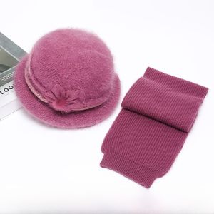 SHIPAILUO | Warm Knitted Hat For Elderly Women Winter Cap Stylish Round Top Short Brim Travel Suitable Rabbit Fur Blend Non-fading Color