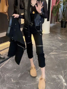 Fashionable High-Waist Dual-Zipper Design Jeans Straight Leg Womens High-Waist Straight Tube Pants Autumn Winter New Style