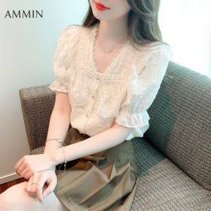 Ammin mùa hè hợp thời trang mới và thanh lịch của phụ nữ cổ V Ruffle Thiết kế khâu Áo Blouse ren