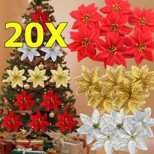 20pcs Artificial Glitter Christmas Flowers / DIY Garlands Xmas Tree Hanging Ornaments / Silk Cloth Simulation Flower Xmas New Year Decor