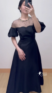 Sophisticated Black Dress – Sheer Neck Puff Sleeve Midi for Formal Events
