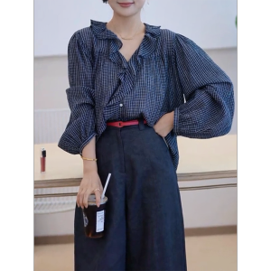 QINGNAER | Elegant French Style Design Plaid Shirt