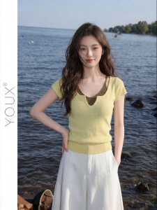 YOUXIANG | Áo Thun Len Đan Giả Hai Mảnh Sang Trọng