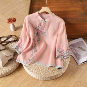 Elegant Chinese Style Embroidered Shirt Stand Collar Side Button Cotton Blend Womens Fashionable Top Trendy Commute Wear