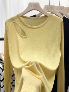 French Style Shoulder Bared Long Sleeve T-Shirt Women Summer New Loose Thin Ice Silk Knitted Shirt Sun Protection Top