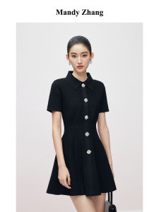 French Elegant Black Pleated Heavy Embroidered Slim Waist Little Black Dress