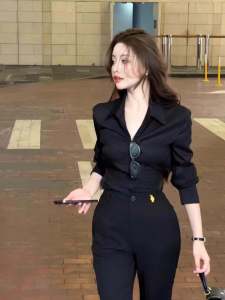 French Style Tight Waist Unique Elegant Black Silk Shirt Womens Long Sleeve Autumn Acetate Inner Wear Shirt Tops