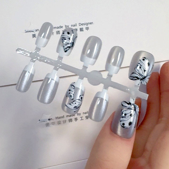 3109# Pure Hand-Worn Nail 30 Pieces/10 Pieces Half-Handmade Cat Yuan Ningqi Manicure Fake Nail Patch Finished Product