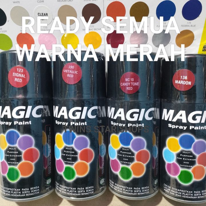Magic Spray Paint Cat Pilox Pilok Magic Ready Berbagai Warna Merah Maron Merah Hati 138 Candy Tone Red Merah Candi MC 10 Metalic Red Merah Metalik 190 Signal Red Merah Cabe 123 300cc Cat Semprot Serbaguna Magic Hijau Metalik Ukuran Besar 300 cc