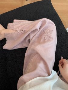 QIAONIAOGE | Pink Sweet Hollow Out Linen Wide Leg Pants Women Summer Thin Embroidered Small Size Cotton Linen Trousers High Waist Long Pants