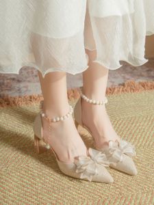 สไตล์ฝรั่งเศส โบว์ รองเท้าแตะผูกเน็คไทรองเท้าส้นสูงคลุมศีรษะเทพนิยายแม่บ้านเกียรติยศรองเท้า ฤดูใบไม้ผลิ ฤดูร้อน รองเท้าส้นเตี้ย Glitt หนัง