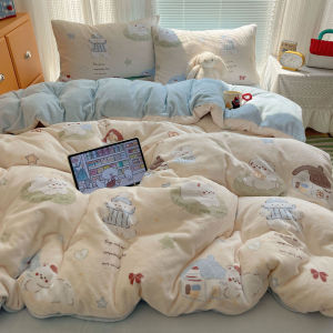 Adorable Girls Milk Velvet Warmth Bedding Set Winter Cartoon Fleece Coverlet Duvet Cover Bedding Three-piece Four-piece Set