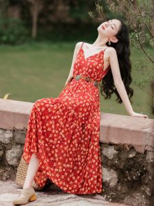 Bohemian Style Off-Shoulder Floral Print Long Dress Red Color Travel Desert Beach Skirt V-Neck A-Line Silhouette Maxi Dress