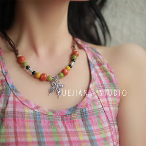 สร้อยคอผูกโบว์ลายผีเสื้อสไตล์ชาติพันธุ์ใหม่สำหรับผู้หญิง เครื่องประดับแฟชั่น โซ่ไนลอน หิน โลหะผสม ไม่มีเพชร ขนาด 21-50 ซม.