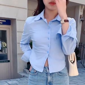 S-2XL ใหม่ เสื้อเชิ้ต แขนยาว สีพื้น เอวลอย แฟชั่นฤดูใบไม้ผลิ สําหรับผู้หญิง