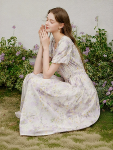 XIANGYING | Floral Print V-Neck Puff Sleeves Purple Waist-Fit Tea Dress