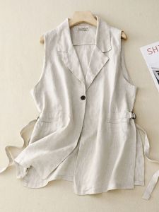 Áo Vest Cotton Lanh Rộng Rãi Cạp Cao Mùa Hè Cho Nữ Áo Khoác Ngoài Đa Năng Thường Ngày Không Có Thương Hiệu Áo Vest Không Có Nhãn