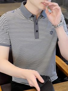 ROMON | Áo thun polo tay ngắn sọc mùa hè mỏng thường ngày cổ polo tay lửng bằng lụa băng thương hiệu Romon thời trang thành phố