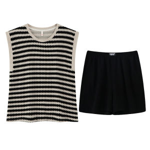 Bộ đồ ngủ nữ MiiOW Cat Person vải cotton họa tiết sọc không tay quần short - mùa hè