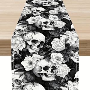 1Pc Halloween Themed Table Flag Dark Skull and Flower Design Suitable for Parties Restaurants Homes Markets Holiday Decoration Scenes.