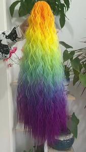 Jeedou Ponytails Rainbow Ombre Color Ponytail Hair Extension Claw Clip On Pony Tail Long Wavy Synthetic Hairpiece Cosplay Wigs