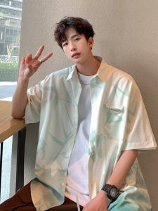 Ice Silk Thin Short Sleeve Shirt Mens Autumn Trendy Brand High Sensation Gradient Couple Top Loose Casual Beach Shirt