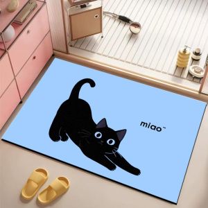 VIKAMA Cute Stretching Black Cat Bath Mat Non Slip Water Absorbent Bathroom Floor Rug Cartoon Funny Shower Entryway Decor Mat