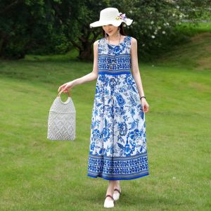 Cotton Silk Floral Print Midi Dress Casual Summer Beachwear Sleeveless Travel Dress for Middle-Aged And Elderly Women