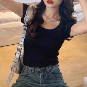 LUOFEN | Off-Shoulder U-neck Short Sleeve T-Shirt Slim Fit