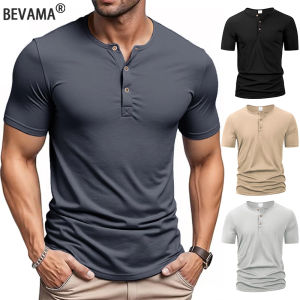 Mens Henley Neck T-shirts Summer Casual Beach Short Sleeve Solid Color Male Basic Tops Slim Fit Button Neck Vintage Streetwear