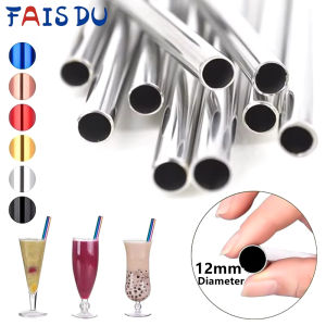 FAIS DU 4Pcs 12mm Reusable 304 Stainless Steel Straw with Cleaning Brush for Easy Sipping of Thick Smoothies and Milkshakes