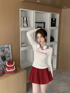 Slim Fit Long Sleeve T-Shirt with Drawstring Base Shirt Light Oxygen Cloud Fabric American Style Fake Two-Piece Apricot Color