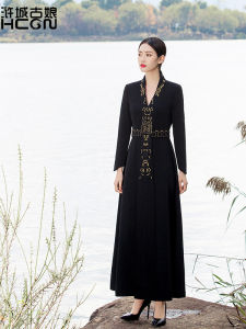 Elegant Black Long New Chinese Style War Robe Dress Womens Spring Autumn Embroidered High Waist A-Line Knitted Dress